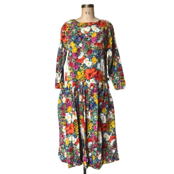 Vintage Dresses & Skirts - Vintage midi drop waist cottagecore granny florals dress